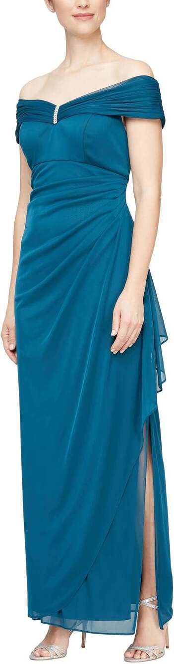Alex Evenings Womens 10 Peacock Embellished Off The Shoulder Ruched Dress OS6-13